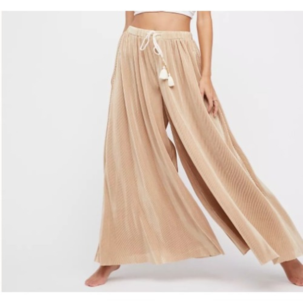 Free People Wide Leg Pleated Velvet Pants in Light Taupe - Picture 4 of 8